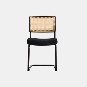 Cadeira de jantar moderna em rattan - estrutura metálica preta, estilo vintage, encosto em rattan sintético e almofada de assento em chenille para cozinha, sala de estar e quarto - preta