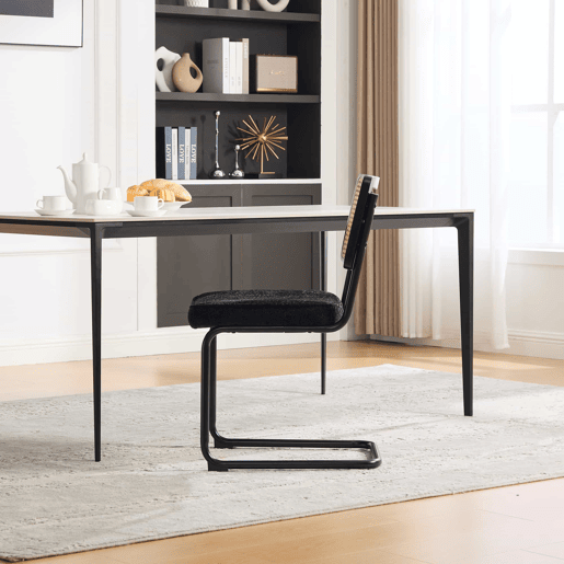 Cadeira de jantar moderna em rattan - estrutura metálica preta, estilo vintage, encosto em rattan sintético e almofada de assento em chenille para cozinha, sala de estar e quarto - preta Cadeira de jantar moderna em rattan - estrutura metálica preta, estilo vintage, encosto em rattan sintético e almofada de assento em chenille para cozinha, sala de estar e quarto - preta