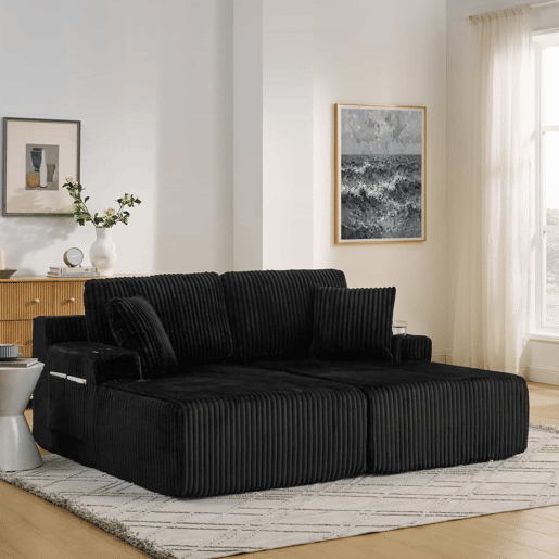 Sofá-cama relax de 2 lugares - poltrona lounge em veludo cotelê macio com bolso lateral para revistas, porta-copos e almofadas - preto Sofá-cama relax de 2 lugares - poltrona lounge em veludo cotelê macio com bolso lateral para revistas, porta-copos e almofadas - preto