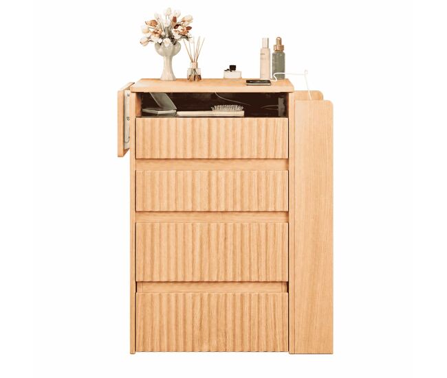 Tocador 79x120x40 cm - espejo led plegable, enchufes, usb y type-c, 3 cajones y taburete con ruedas - natural