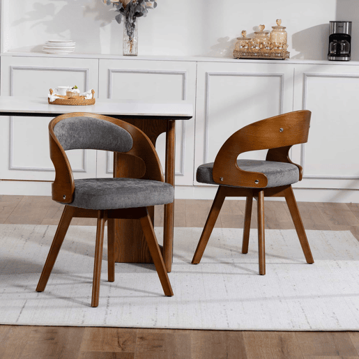 Conjunto de 2 cadeiras de jantar em madeira (2 unidades) u2013 estilo moderno, assentos giratórios, almofada em algodão e linho, encosto curvo, cadeiras auxiliares para cozinha e café u2013 linho cinzento Conjunto de 2 cadeiras de jantar em madeira (2 unidades) u2013 estilo moderno, assentos giratórios, almofada em algodão e linho, encosto curvo, cadeiras auxiliares para cozinha e café u2013 linho cinzento