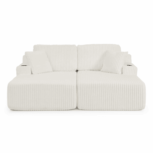 Sofá-cama relax de 2 lugares - tecido de veludo cotelê macio, bolso lateral para revistas, porta-copos e almofadas, ideal para a sala de estar, sala de jogos, escritório e quarto de hóspedes - Bege Sofá-cama relax de 2 lugares - tecido de veludo cotelê macio, bolso lateral para revistas, porta-copos e almofadas, ideal para a sala de estar, sala de jogos, escritório e quarto de hóspedes - Bege