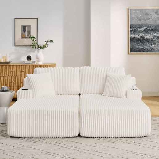 Sofá-cama relax de 2 lugares - tecido de veludo cotelê macio, bolso lateral para revistas, porta-copos e almofadas, ideal para a sala de estar, sala de jogos, escritório e quarto de hóspedes - Bege Sofá-cama relax de 2 lugares - tecido de veludo cotelê macio, bolso lateral para revistas, porta-copos e almofadas, ideal para a sala de estar, sala de jogos, escritório e quarto de hóspedes - Bege