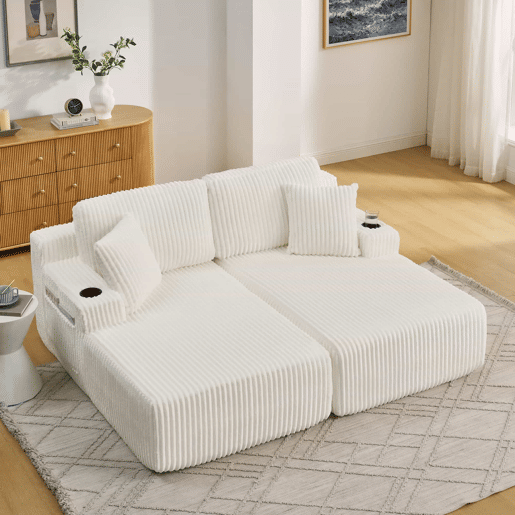Sofá-cama relax de 2 lugares - tecido de veludo cotelê macio, bolso lateral para revistas, porta-copos e almofadas, ideal para a sala de estar, sala de jogos, escritório e quarto de hóspedes - Bege Sofá-cama relax de 2 lugares - tecido de veludo cotelê macio, bolso lateral para revistas, porta-copos e almofadas, ideal para a sala de estar, sala de jogos, escritório e quarto de hóspedes - Bege