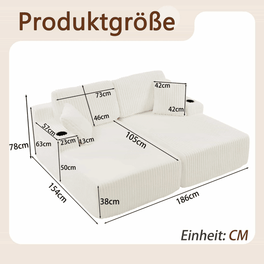 Sofá-cama relax de 2 lugares - tecido de veludo cotelê macio, bolso lateral para revistas, porta-copos e almofadas, ideal para a sala de estar, sala de jogos, escritório e quarto de hóspedes - Bege Sofá-cama relax de 2 lugares - tecido de veludo cotelê macio, bolso lateral para revistas, porta-copos e almofadas, ideal para a sala de estar, sala de jogos, escritório e quarto de hóspedes - Bege