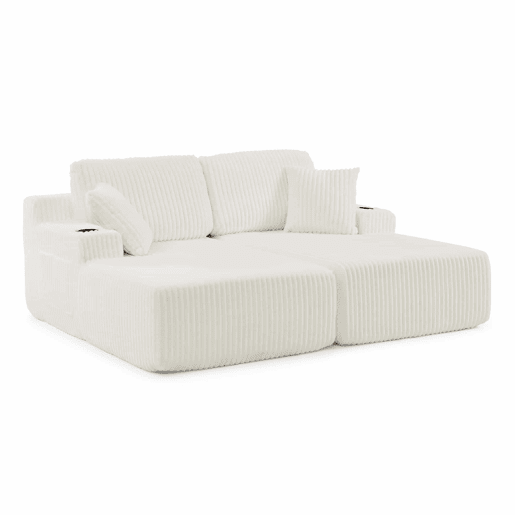 Sofá-cama relax de 2 lugares - tecido de veludo cotelê macio, bolso lateral para revistas, porta-copos e almofadas, ideal para a sala de estar, sala de jogos, escritório e quarto de hóspedes - Bege Sofá-cama relax de 2 lugares - tecido de veludo cotelê macio, bolso lateral para revistas, porta-copos e almofadas, ideal para a sala de estar, sala de jogos, escritório e quarto de hóspedes - Bege