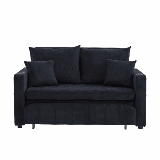 Sofá-cama multifuncional de 2 lugares u2013 sofá extensível, cama dobrável, bolsos de arrumação nos braços, porta-carregador USB e porta-copos u2013 preto