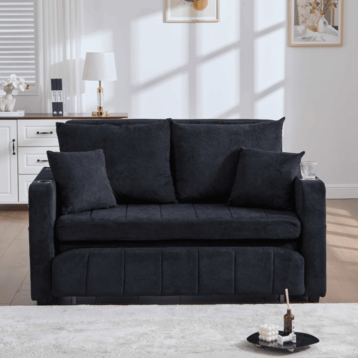Sofá-cama multifuncional de 2 lugares u2013 sofá extensível, cama dobrável, bolsos de arrumação nos braços, porta-carregador USB e porta-copos u2013 preto