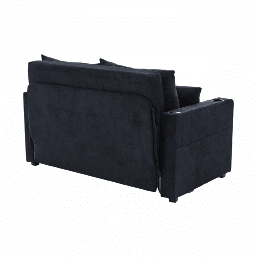Sofá-cama multifuncional de 2 lugares u2013 sofá extensível, cama dobrável, bolsos de arrumação nos braços, porta-carregador USB e porta-copos u2013 preto