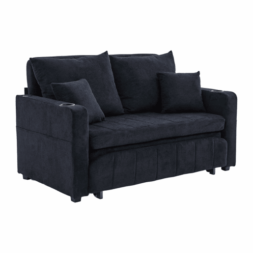 Sofá-cama multifuncional de 2 lugares u2013 sofá extensível, cama dobrável, bolsos de arrumação nos braços, porta-carregador USB e porta-copos u2013 preto