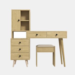Mesa de maquilhagem moderna com espelho e arrumação para 4 pessoas - espelho retrátil, 5 gavetas, armário lateral, banco almofadado, acabamento em madeira natural - Natural+Beige