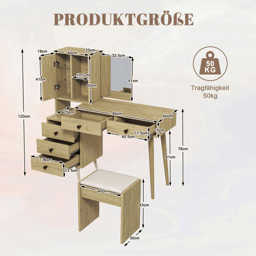 Mesa de maquilhagem moderna com espelho e arrumação para 4 pessoas - espelho retrátil, 5 gavetas, armário lateral, banco almofadado, acabamento em madeira natural - Natural+Beige Mesa de maquilhagem moderna com espelho e arrumação para 4 pessoas - espelho retrátil, 5 gavetas, armário lateral, banco almofadado, acabamento em madeira natural - Natural+Beige