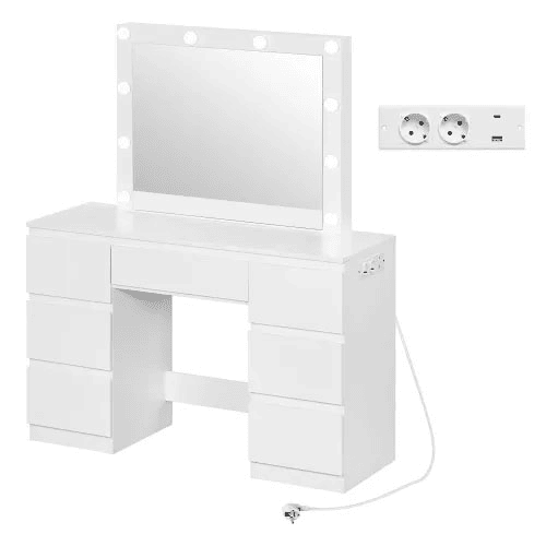 Penteadeira com espelho 110 x 39,5 x 140,5 cm u2014 com tomadas integradas, mesa de maquilhagem e de estudo u2014 Branco