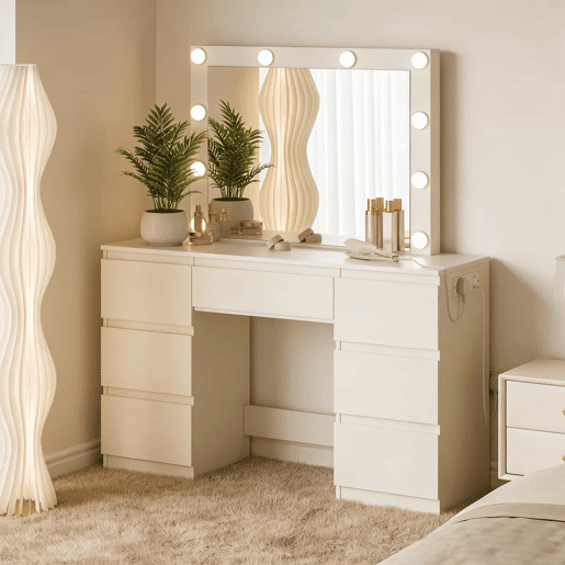 Penteadeira com espelho 110 x 39,5 x 140,5 cm u2014 com tomadas integradas, mesa de maquilhagem e de estudo u2014 Branco