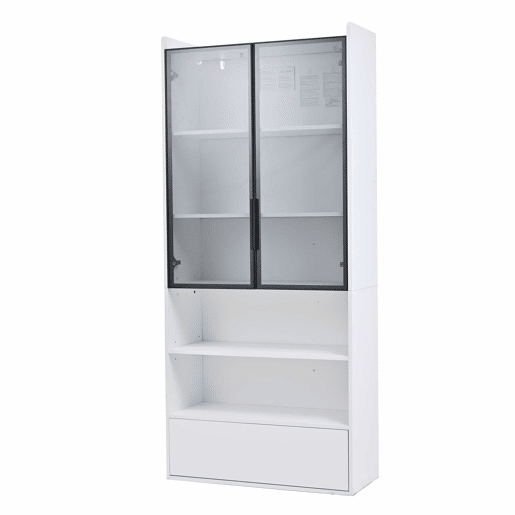 Vitrine alta 80 x 34 x 180 cm - com 1 gaveta, portas de vidro, iluminação LED e compartimentos abertos, armário de exposição para sala de estar - Branco