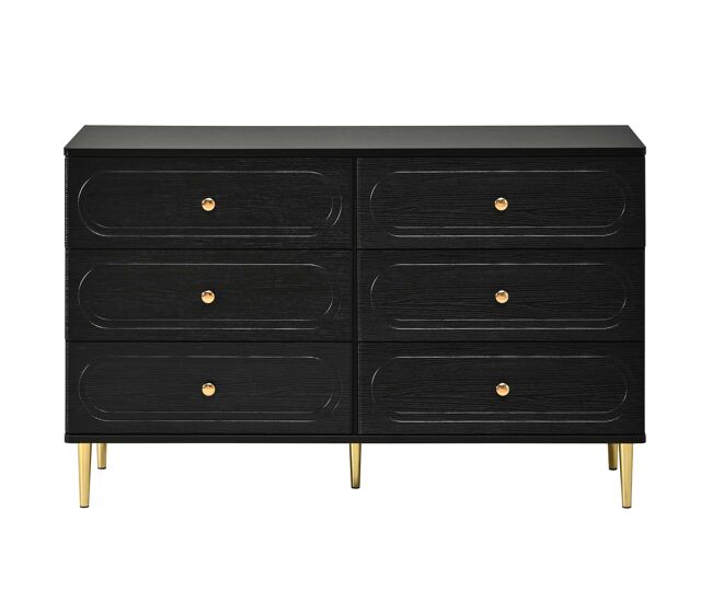 Aparador 120 cm - 6 cajones, hendiduras ovaladas, patas metálicas, armario de almacenamiento moderno para salón - negro