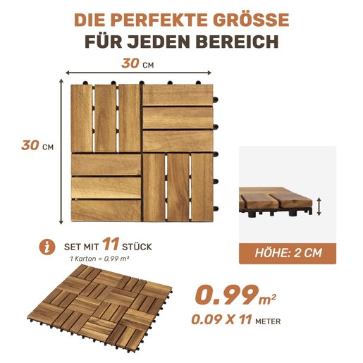 Ladrilhos de deck para exterior 30x30 cm - 11 peças, madeira de acácia com padrão xadrez, pavimento modular entrelaçado para pátio, varanda e piscina - Amarelo Ladrilhos de deck para exterior 30x30 cm - 11 peças, madeira de acácia com padrão xadrez, pavimento modular entrelaçado para pátio, varanda e piscina - Amarelo
