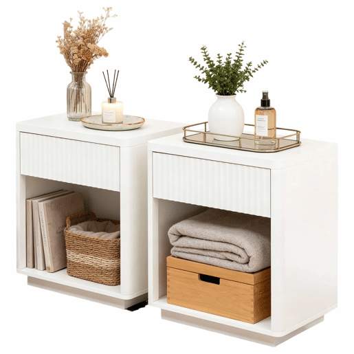 Mesa de cabeceira - com gaveta e prateleira aberta, design moderno com painéis ondulados, madeira resistente, montagem fácil - Branco Mesa de cabeceira - com gaveta e prateleira aberta, design moderno com painéis ondulados, madeira resistente, montagem fácil - Branco