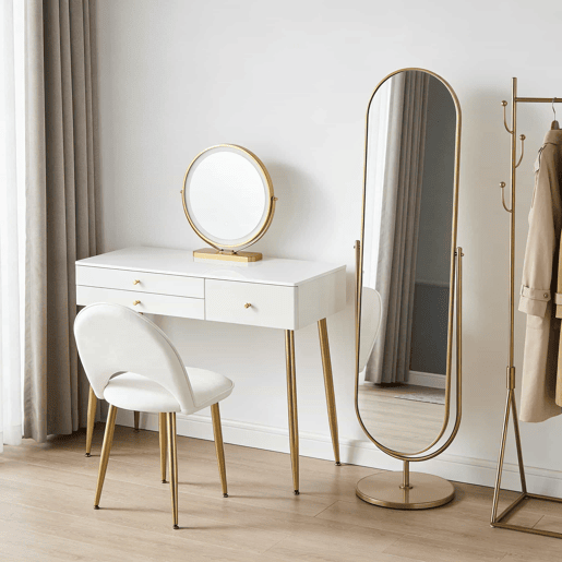 Secretária com penteadeira - 3 gavetas, design multifuncional para computador e maquilhagem - Branco e dourado Secretária com penteadeira - 3 gavetas, design multifuncional para computador e maquilhagem - Branco e dourado