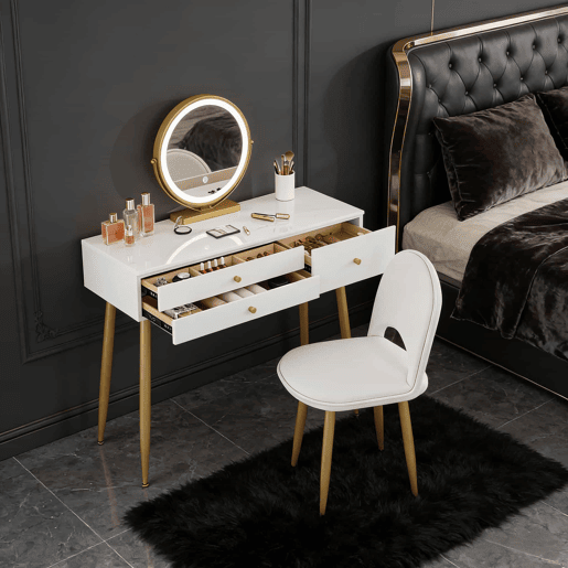 Secretária com penteadeira - 3 gavetas, design multifuncional para computador e maquilhagem - Branco e dourado Secretária com penteadeira - 3 gavetas, design multifuncional para computador e maquilhagem - Branco e dourado