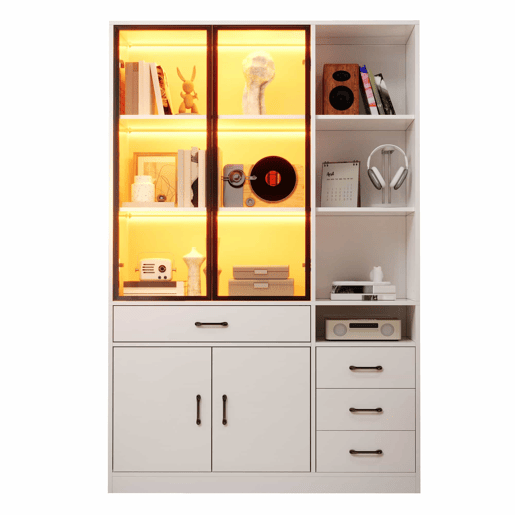 Vitrine alta 120 x 35 x 200 cm - 13 compartimentos, 4 gavetas, portas com LED - Branco