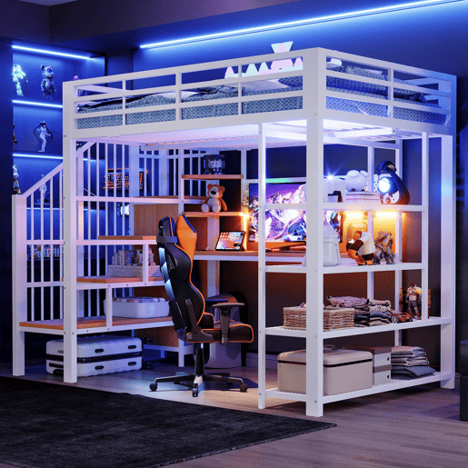 Cama alta metálica 140x200 - Secretária comprida, painel perfurado, estante triangular, tomadas europeias, luz LED, várias prateleiras, grade alta - Branco Cama alta metálica 140x200 - Secretária comprida, painel perfurado, estante triangular, tomadas europeias, luz LED, várias prateleiras, grade alta - Branco