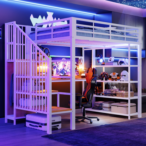 Cama alta metálica 140x200 - Secretária comprida, painel perfurado, estante triangular, tomadas europeias, luz LED, várias prateleiras, grade alta - Branco Cama alta metálica 140x200 - Secretária comprida, painel perfurado, estante triangular, tomadas europeias, luz LED, várias prateleiras, grade alta - Branco