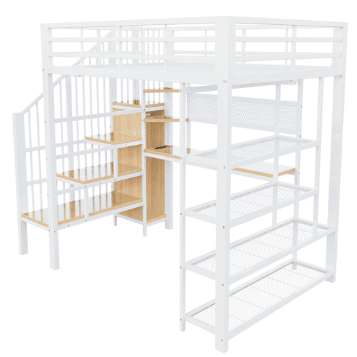 Cama alta metálica 140x200 - Secretária comprida, painel perfurado, estante triangular, tomadas europeias, luz LED, várias prateleiras, grade alta - Branco Cama alta metálica 140x200 - Secretária comprida, painel perfurado, estante triangular, tomadas europeias, luz LED, várias prateleiras, grade alta - Branco