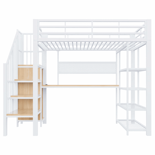 Cama alta 90x200 cm - Secretária comprida, painel perfurado, tomadas europeias, luz LED, várias prateleiras, grade alta - Branco Cama alta 90x200 cm - Secretária comprida, painel perfurado, tomadas europeias, luz LED, várias prateleiras, grade alta - Branco