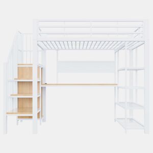 Cama alta 90x200 cm - Secretária comprida, painel perfurado, tomadas europeias, luz LED, várias prateleiras, grade alta - Branco