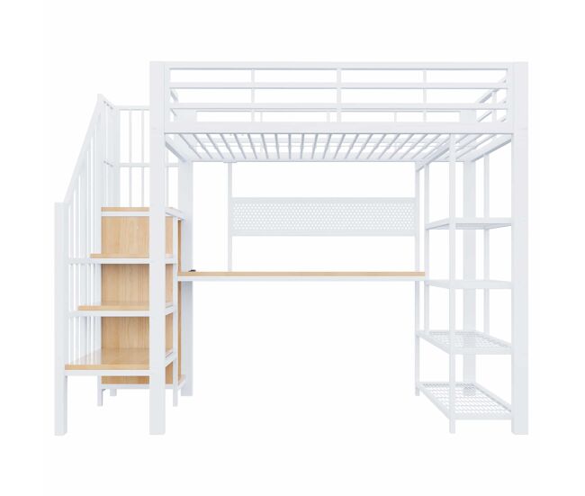 Cama alta 90x200 cm - escritorio largo, panel perforado, enchufes europeos, luz led, estantes múltiples, barandilla alta - blanco