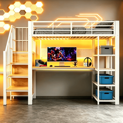 Cama alta 90x200 cm - Secretária comprida, painel perfurado, tomadas europeias, luz LED, várias prateleiras, grade alta - Branco Cama alta 90x200 cm - Secretária comprida, painel perfurado, tomadas europeias, luz LED, várias prateleiras, grade alta - Branco