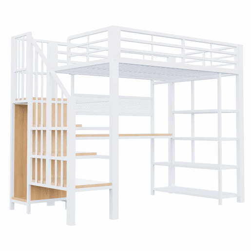 Cama alta 90x200 cm - Secretária comprida, painel perfurado, tomadas europeias, luz LED, várias prateleiras, grade alta - Branco Cama alta 90x200 cm - Secretária comprida, painel perfurado, tomadas europeias, luz LED, várias prateleiras, grade alta - Branco