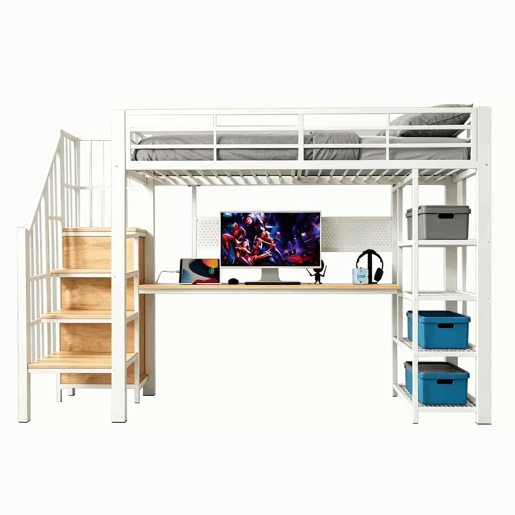 Cama alta 90x200 cm - Secretária comprida, painel perfurado, tomadas europeias, luz LED, várias prateleiras, grade alta - Branco Cama alta 90x200 cm - Secretária comprida, painel perfurado, tomadas europeias, luz LED, várias prateleiras, grade alta - Branco