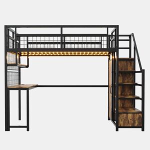 Beliche alto em metal 140x200 cm - com escada com espaço de arrumação, roupeiro integrado, prateleira, secretária, estante em rede, faixa de luz e tomada - preto