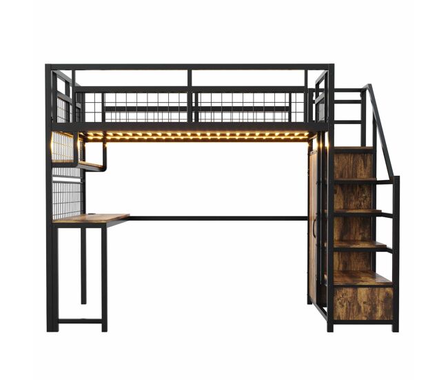 Litera alta metálica 140x200 cm - con escalera de almacenamiento, armario integrado, estante, escritorio, estantería de red, tira de luz y enchufe -
