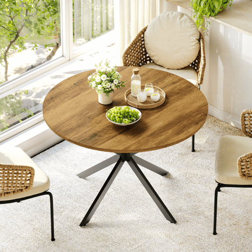 Mesa de jantar redonda de 120 cm - estilo rústico tipo quinta com pés em X, mesa multifuncional para cozinha, sala de estar, escritório, varanda ou café, design retro - castanho e preto Mesa de jantar redonda de 120 cm - estilo rústico tipo quinta com pés em X, mesa multifuncional para cozinha, sala de estar, escritório, varanda ou café, design retro - castanho e preto