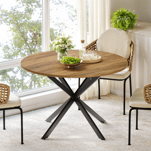 Mesa de jantar redonda de 120 cm - estilo rústico tipo quinta com pés em X, mesa multifuncional para cozinha, sala de estar, escritório, varanda ou café, design retro - castanho e preto Mesa de jantar redonda de 120 cm - estilo rústico tipo quinta com pés em X, mesa multifuncional para cozinha, sala de estar, escritório, varanda ou café, design retro - castanho e preto