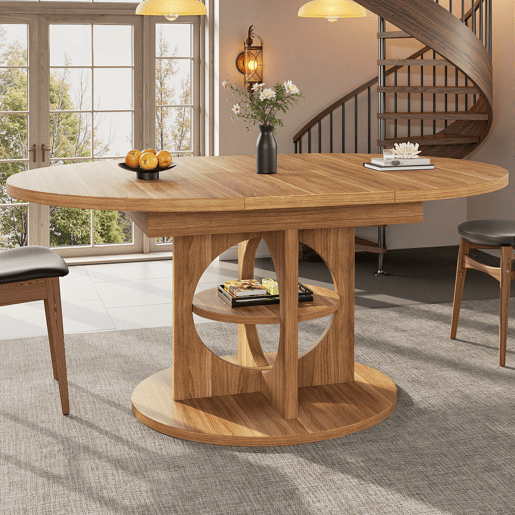 Mesa de jantar extensível 110u2013150 cm - com espaço de arrumação, transformável de redonda em oval, acabamento em madeira e preto, capacidade de carga de 60 kg - madeira Mesa de jantar extensível 110u2013150 cm - com espaço de arrumação, transformável de redonda em oval, acabamento em madeira e preto, capacidade de carga de 60 kg - madeira