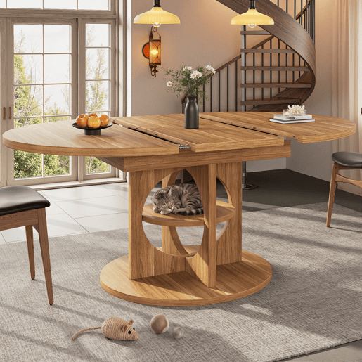 Mesa de jantar extensível 110u2013150 cm - com espaço de arrumação, transformável de redonda em oval, acabamento em madeira e preto, capacidade de carga de 60 kg - madeira Mesa de jantar extensível 110u2013150 cm - com espaço de arrumação, transformável de redonda em oval, acabamento em madeira e preto, capacidade de carga de 60 kg - madeira