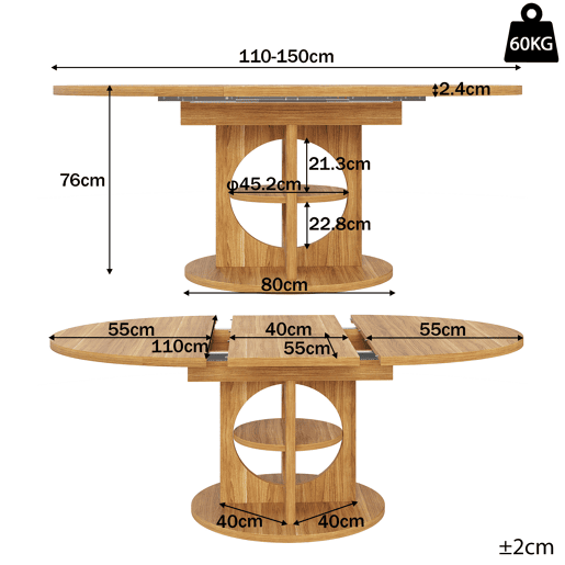 Mesa de jantar extensível 110u2013150 cm - com espaço de arrumação, transformável de redonda em oval, acabamento em madeira e preto, capacidade de carga de 60 kg - madeira Mesa de jantar extensível 110u2013150 cm - com espaço de arrumação, transformável de redonda em oval, acabamento em madeira e preto, capacidade de carga de 60 kg - madeira