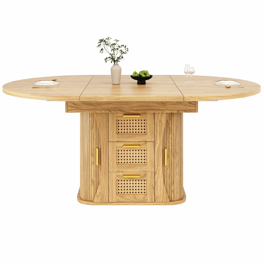 Mesa de jantar extensível 118-158 cm - com arrumação e gavetas em rattan, MDF com efeito de madeira - madeira natural Mesa de jantar extensível 118-158 cm - com arrumação e gavetas em rattan, MDF com efeito de madeira - madeira natural