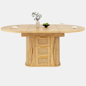 Mesa de jantar extensível 118-158 cm - com arrumação e gavetas em rattan, MDF com efeito de madeira - madeira natural