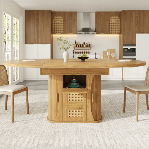 Mesa de jantar extensível 118-158 cm - com arrumação e gavetas em rattan, MDF com efeito de madeira - madeira natural Mesa de jantar extensível 118-158 cm - com arrumação e gavetas em rattan, MDF com efeito de madeira - madeira natural
