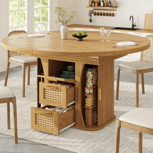 Mesa de jantar extensível 118-158 cm - com arrumação e gavetas em rattan, MDF com efeito de madeira - madeira natural Mesa de jantar extensível 118-158 cm - com arrumação e gavetas em rattan, MDF com efeito de madeira - madeira natural
