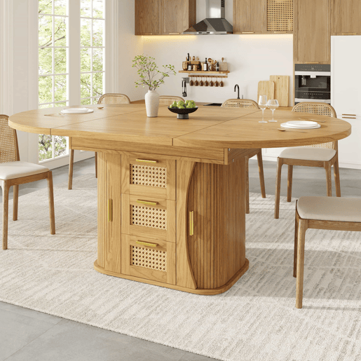 Mesa de jantar extensível 118-158 cm - com arrumação e gavetas em rattan, MDF com efeito de madeira - madeira natural Mesa de jantar extensível 118-158 cm - com arrumação e gavetas em rattan, MDF com efeito de madeira - madeira natural
