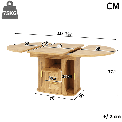 Mesa de jantar extensível 118-158 cm - com arrumação e gavetas em rattan, MDF com efeito de madeira - madeira natural Mesa de jantar extensível 118-158 cm - com arrumação e gavetas em rattan, MDF com efeito de madeira - madeira natural