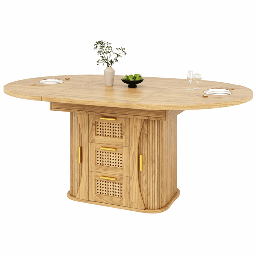 Mesa de jantar extensível 118-158 cm - com arrumação e gavetas em rattan, MDF com efeito de madeira - madeira natural Mesa de jantar extensível 118-158 cm - com arrumação e gavetas em rattan, MDF com efeito de madeira - madeira natural