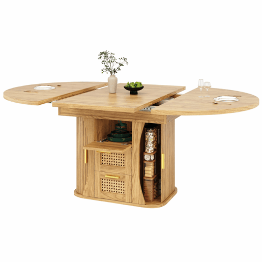 Mesa de jantar extensível 118-158 cm - com arrumação e gavetas em rattan, MDF com efeito de madeira - madeira natural Mesa de jantar extensível 118-158 cm - com arrumação e gavetas em rattan, MDF com efeito de madeira - madeira natural