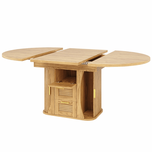 Mesa de jantar extensível 118-158 cm - com arrumação e gavetas em rattan, MDF com efeito de madeira - madeira natural Mesa de jantar extensível 118-158 cm - com arrumação e gavetas em rattan, MDF com efeito de madeira - madeira natural
